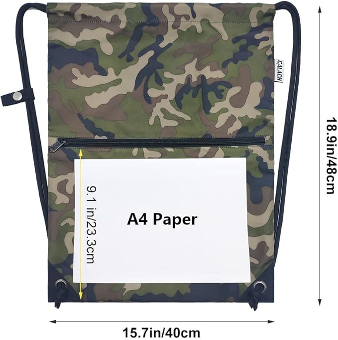draw string back bag, Large Gym Sports string backpack for men and women with front zipper pocket and inside zipper pocket to keep key or phone (green camo)