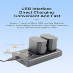 Dual Slot Fast Charger for NP-FZ100 Battery, Compatible with ZV-E1/A7M4/A7M3/A7C/A7R3/A7R4/A6600/A6700, Micro USB and Type-C Dual Charging, Portable Outdoor Design, Efficient Safety Protection