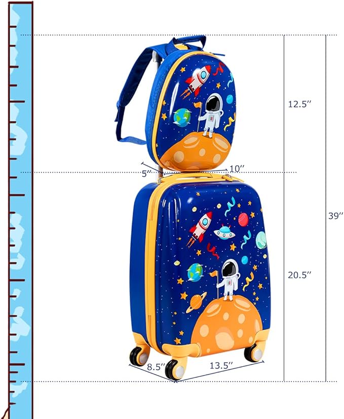 GYMAX 2Pc Kid Carry On Luggage Set, 12" & 18" Kids Suitcase with 4 Spinner Wheels, Travel Rolling Trolley