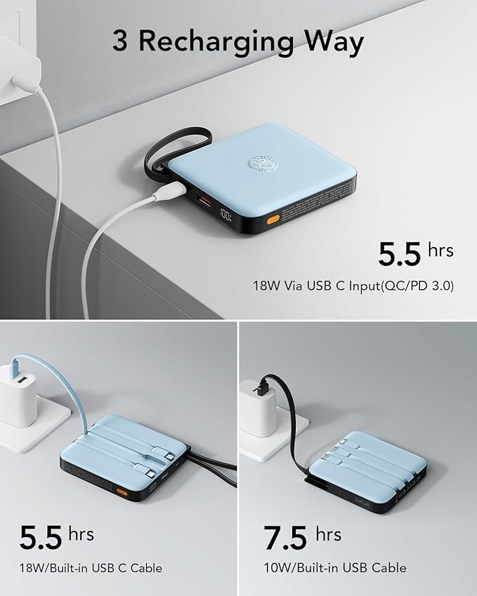 20000mAh Portable Charger Fast Charging with Built-in 4 Cables, Battery Pack Charger Portable PD 20W, Power Bank for iPhone 17 16 15 14 13 12 11 X Samsung Galaxy Series Android Phone,Blue(1Pack)