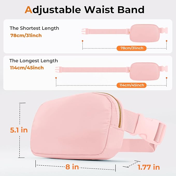 Belt Bag Zipper Fanny Pack Crossbody Bags for Women,Fashion Nylon Waist Packs, Water Repellent Two Way wear with Adjustable Strap Gifts for Teenage Girls Women Men(pink)