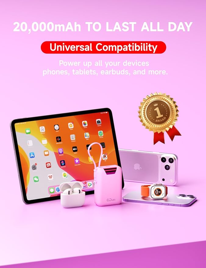 M2 Portable Charger, 20000mAh Power Bank, PD 35W Ultra Fast USB-C Built-in Cable, Compact Cute Mini External Battery Pack for iPhone, Samsung, Android iPad (Pink)