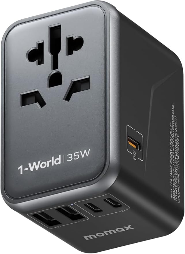MOMAX Universal Travel Adapter, PD 35W Fast International Power Adapter, 3 USB C & 2 USB A, Worldwide Travel Plug Adapter, International Power Adapter for Europe, USA, Japan, Australia (Type C/A/G/I)