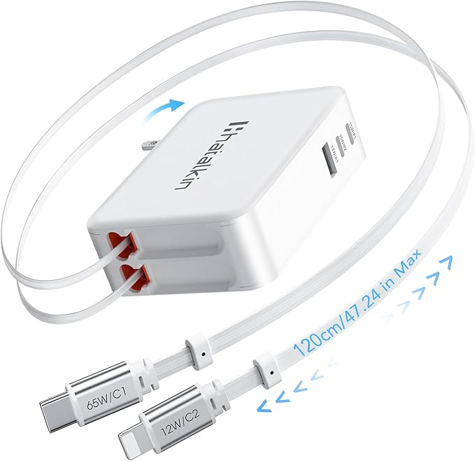 65W for MacBook Pro Charger,5-in-1 Retractable Wall Charger Plug for iPhone 17,3.94 ft PD USB C&Lightening Cable&3 Ports,Fast Charging Block for Mac Book Pro/Air,M1 M2 M3 M4 M5,iPad Pro,Galaxy,Pixel