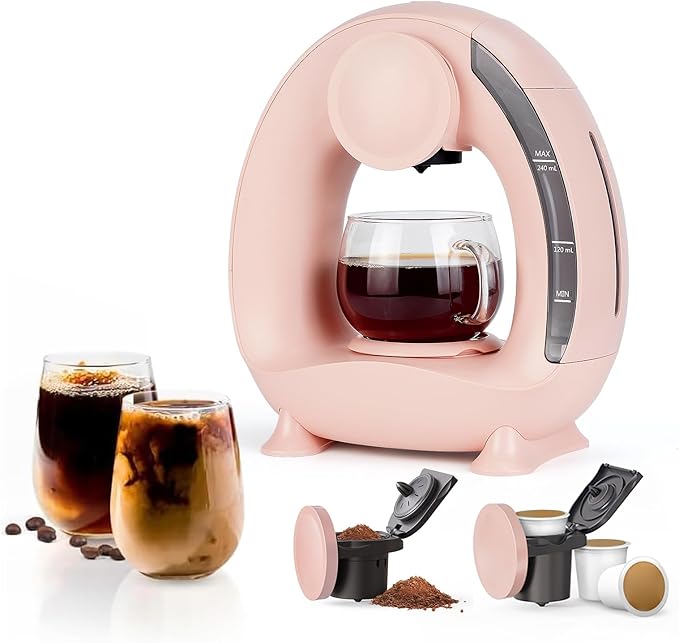 Pod and Grounds Single-Serve Coffee Maker, 2 in 1 One Cup Coffee Machine Compatible with K-Cup Pod & Coffee Grounds/Tea, Compact Design, 4-8oz, Pink