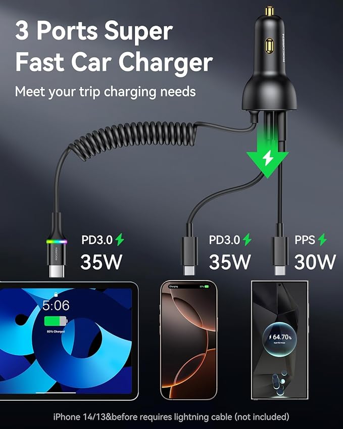 Rocoren 70W Car Charger for iPhone 17 Pro Max, USB C Car Charger Fast Charging with 5.2Ft Type C Coiled Cable, Super Fast USBC Phone Cigarette Lighter Adapter for iPhone 17/16/15, iPad,Samsung,Android