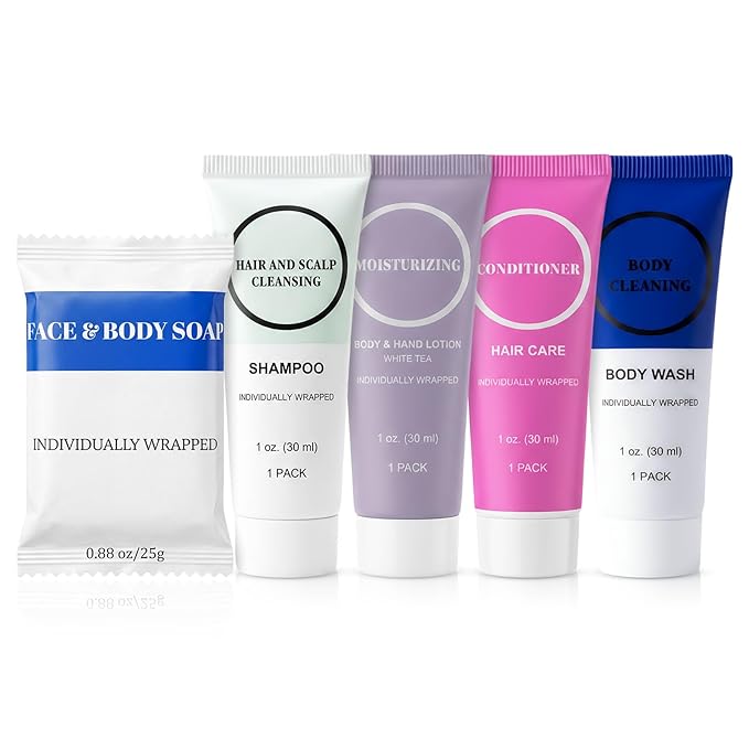 Toiletries Individually Wrapped Set Bulk, Travel Size 1 Fl oz Mini Body Wash Body Lotion Shampoo Conditioner 0.88 oz Bars Soap Toiletry Kit Guest Amenities for Hotel/Shelter/Homeless (Pack of 10)