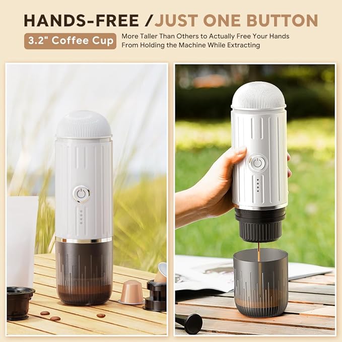Portable Electric Espresso Machine, Travel Coffee Maker for Camping, On the Go Car Coffee Maker Self-Heating with USB-C, With Ground Coffee & N Espresso Capsule for RV/Hiking/Office, White