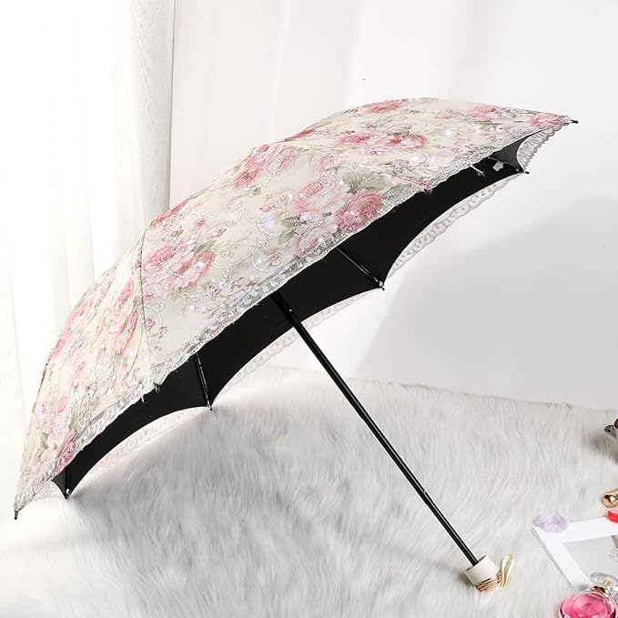 Floral Lace Folding Compact Umbrella - UV Protection Sun Flower Fancy for Women Girls, Portable Travel for Walking, Tea Party, Photo Shooting