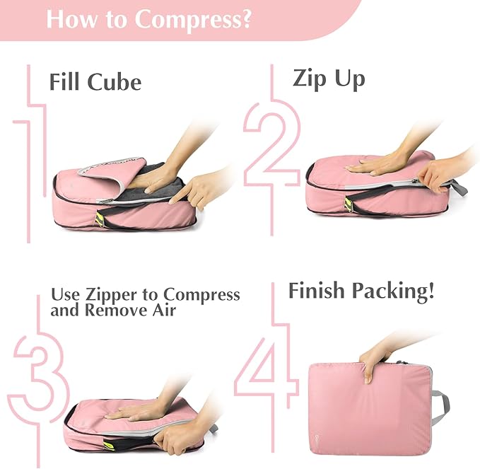 Gonex Compression Packing Cubes, 4pcs Expandable Storage Travel Luggage Bags Organizers (Pink)
