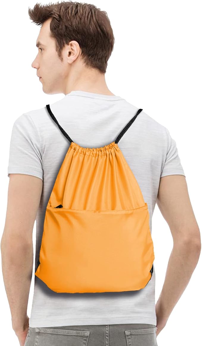 Drawstring Backpack Sports Water Resistant String Bag Sport Gym Sackpack for Women Men Large with Zipper, Orange