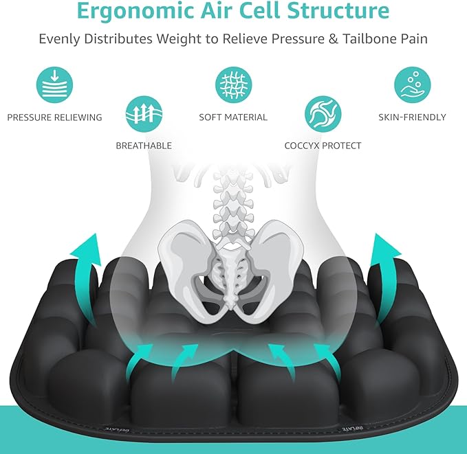 Inflatable Travel Seat Cushion for Airplane - Portable Air Cushion for Long Flights, Tailbone Pain Relief - Ergonomic Support for, Office Chair, Car, Wheelchair, Stadium