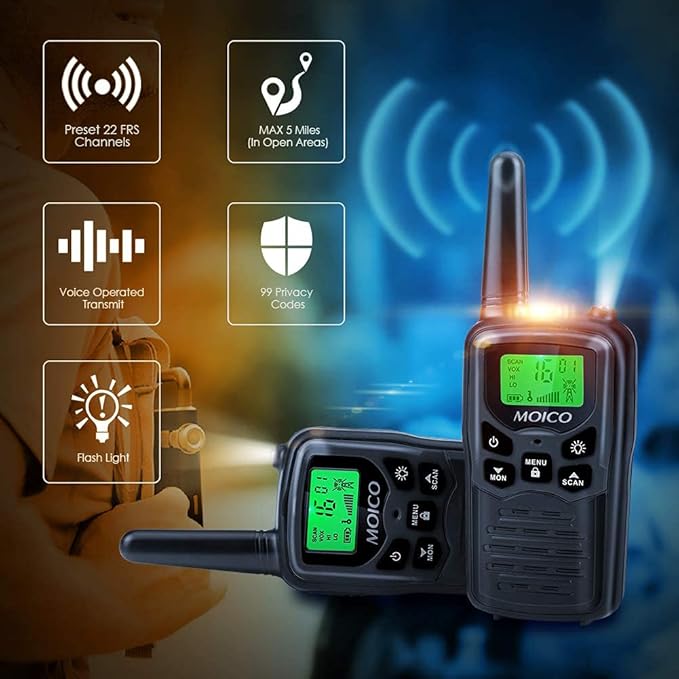 MOICO Long Range Walkie Talkies for Adults with 22 FRS Channels, Family Walkie Talkie with LED Flashlight VOX LCD Display for Hiking Camping Trip (Black 2 Pack)