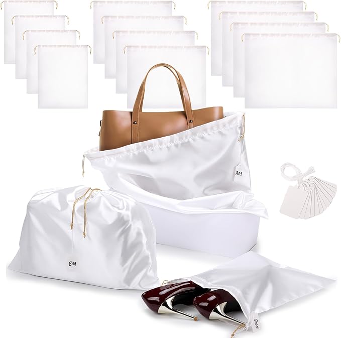 Ewen 12 Pack Satin Dustbags with Drawstring, Small Medium Large Dustproof Packing Pouch with Blank Tags Set for Travel Essentials, White Dust Bags for Handbags Closet Storage Shoes Purse Organization