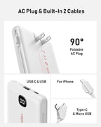 Portable Charger Power Bank Built in Cables and Wall Plug, 10000mAh iPhone Battery Pack Fast Charging, USB C External Slim Power Bank, Travel Essentials Compatible with iPhone 17 16 15 14 iPad, White