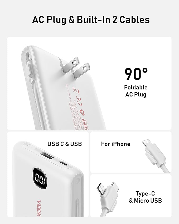 Portable Charger Power Bank Built in Cables and Wall Plug, 10000mAh iPhone Battery Pack Fast Charging, USB C External Slim Power Bank, Travel Essentials Compatible with iPhone 17 16 15 14 iPad, White