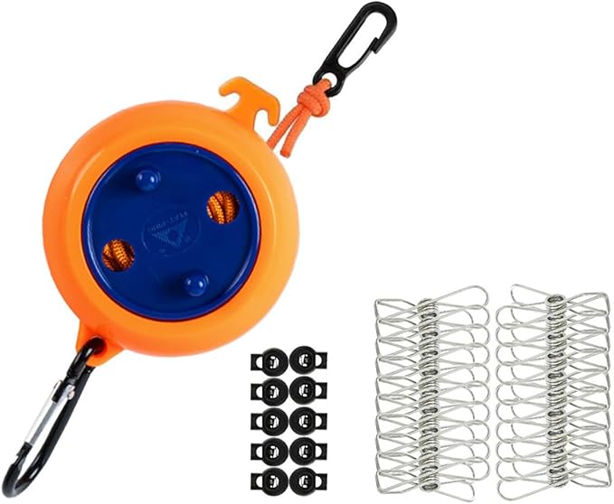 Retractable Camping Clothesline, Adjustable Travel Laundry Rope, Heavy Duty Washing Line with 20 Clothespins & 10 Stoppers for Indoor/Outdoor, Camping, Travel, Courtyard, 33ft (Orange 26ft)