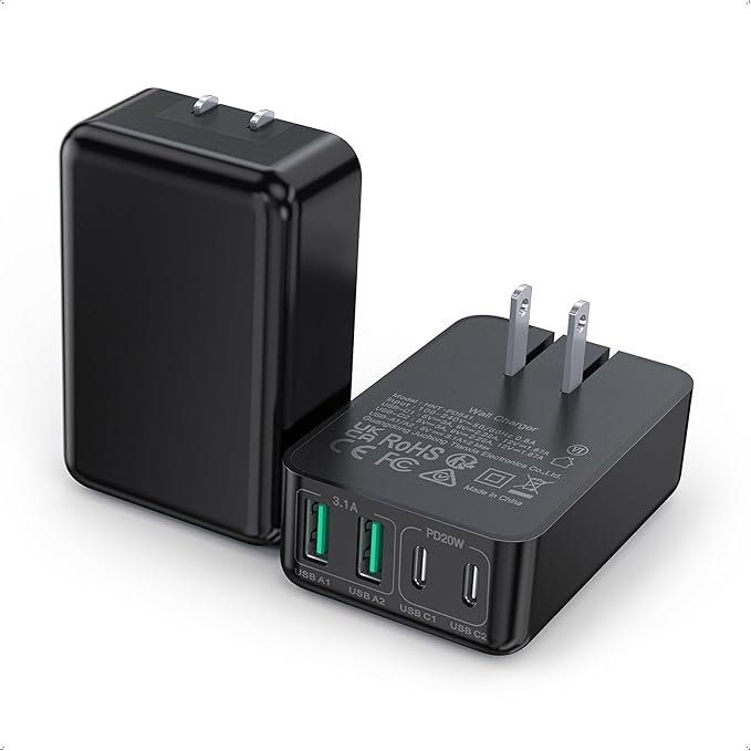 2Pack Flat USB C Charger Block, 40W 4-Port Fast Charger 20W Type C Charging Block 3.1A USB Wall Charger Dual Port PD+QC Charging Cube for iPhone 17 16 15 14 13 Pro Max XS, iPad,Samsung,Tablet（Black）