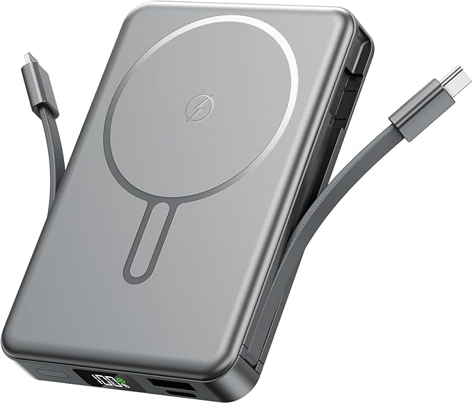 Magnetic Portable Charger, Power Bank Fast Charging 22.5W 10000mAh, Portable Charger with Built in Cable, for Magsafe Battery Pack Compatible with iPhone 17/16/15/14/13/12 Pro/Pro Max, Samsung Grey
