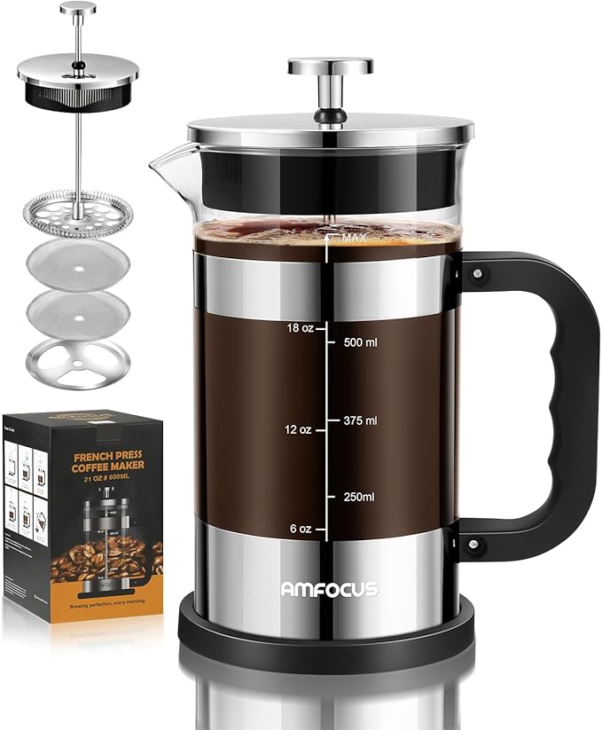 AMFOCUS French Press Coffee Maker 21 oz, 4-Level Filtration System, Premium Heat-Resistant Borosilicate Glass Teapot, Portable Coffee & Cold Brew Maker for Home, Travel, Camping - Ideal Gift