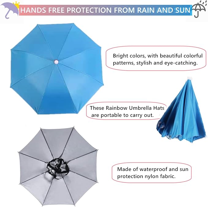 3 Pack Umbrella Hat, Sports Head Umbrella Hats for Adult Women, 26" Diameter Folding Waterproof Rainbow Fishing Headwear for Outdoor Party Beach Hiking