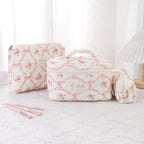 uekeboag Large Travel Quilted Makeup Bag for Women, Floral Cotton Cosmetic Bag, Coquette Aesthetic Floral Toiletry Organizer Bag