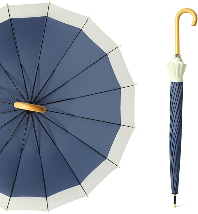 ThreeH Big Beatiful Umbrella with Arc Classic Wood Handle 16 Ribs 48" Windproof Sturdy Stick Rain Umbrella