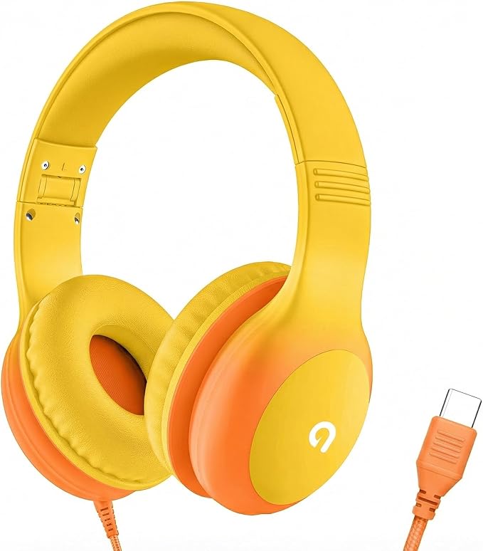 ADOOPE Wired Kids Headphones with USB C Plug, 85dB Safe Volume, Adjustable Headband, Tangle-Free Cord Headphones for School, Tablet, Travel (Yellow & Orange, Without Microphone)