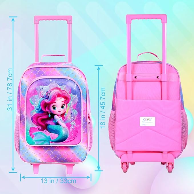 2PCS Girls Suitcase Set, 18" Kids Mermaid Carry on Luggage with Wheels, Cute Travel Rolling with 12" Toddler Backpack(Pink)