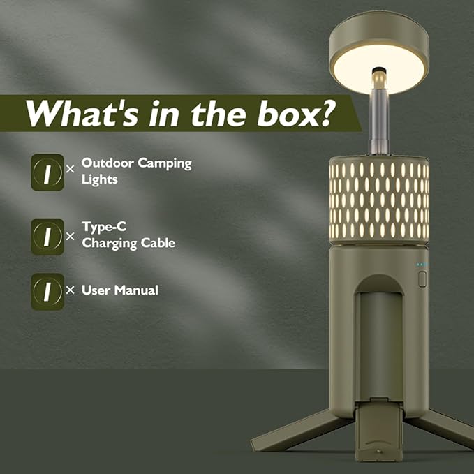 Camping Light Telescopic, Collapsible Tripod Camping Lantern, 12000mAh Rechargeable Camping Lamp with Stand, Dimmable & Portable IPX54 Waterproof Flashlight for Emergency (Military Green)