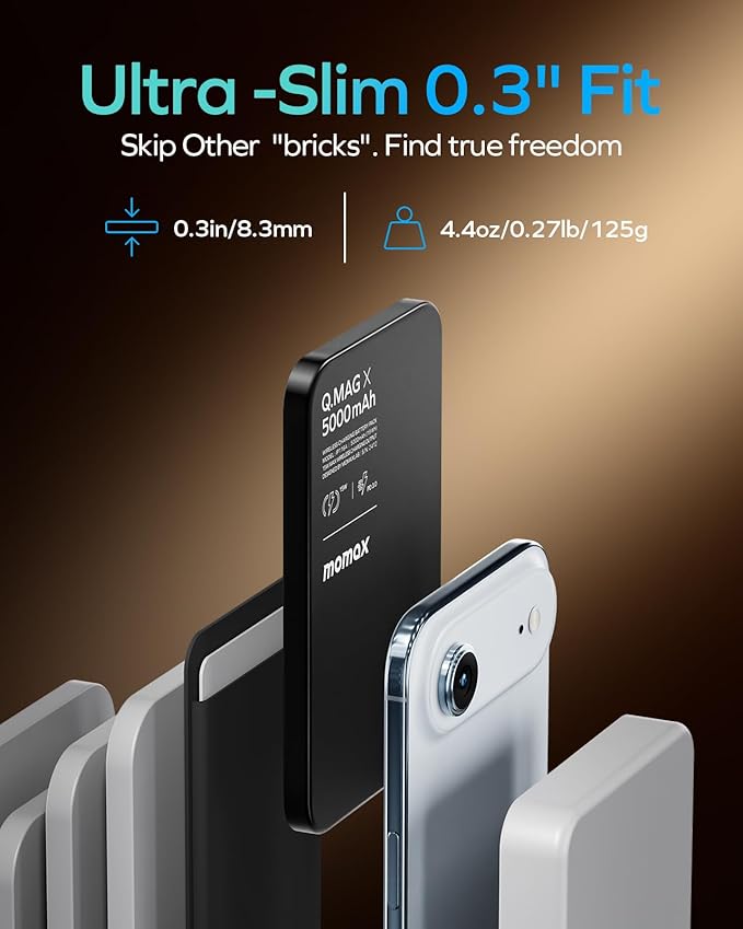 MOMAX Magnetic Wireless Power Bank 5000mAh, Ultra-Slim 0.3" MagSafe-Compatible Portable Charger, 20W USB-C PD Fast Charging, for iPhone 17/16/15/14/13/12 Series, Samsung Galaxy & Google Pixel