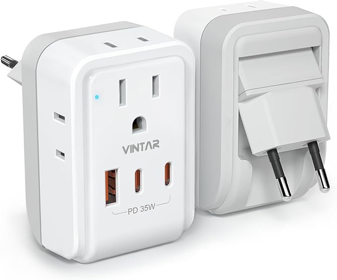 1 Pack European Travel Plug Adapter, VINTAR PD 35W Foldable Type C Adapter with 4 AC Outlets 3 USB Ports(2 USB C), Travel Essentials Charger for US to Most of Europe EU Italy Spain France