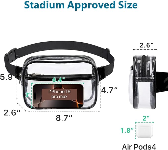 Veckle Clear Fanny Pack Stadium Approved - Plus Size 35-51 Inch Adjustable Strap Transparent Belt Bag for Women Men Fits 7.5" Smartphone, Crossbody Clear Bag for Stadium Events Sports Concerts, Black