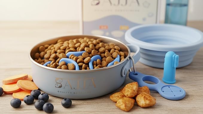 Blue Slow Feeder Travel Dog Bowl Set | 30oz Stainless Steel + 20oz Collapsible Silicone Dish | Water Bottle Holder| Non-Slip, Anti-Choking, BPA-Free | We Give Back
