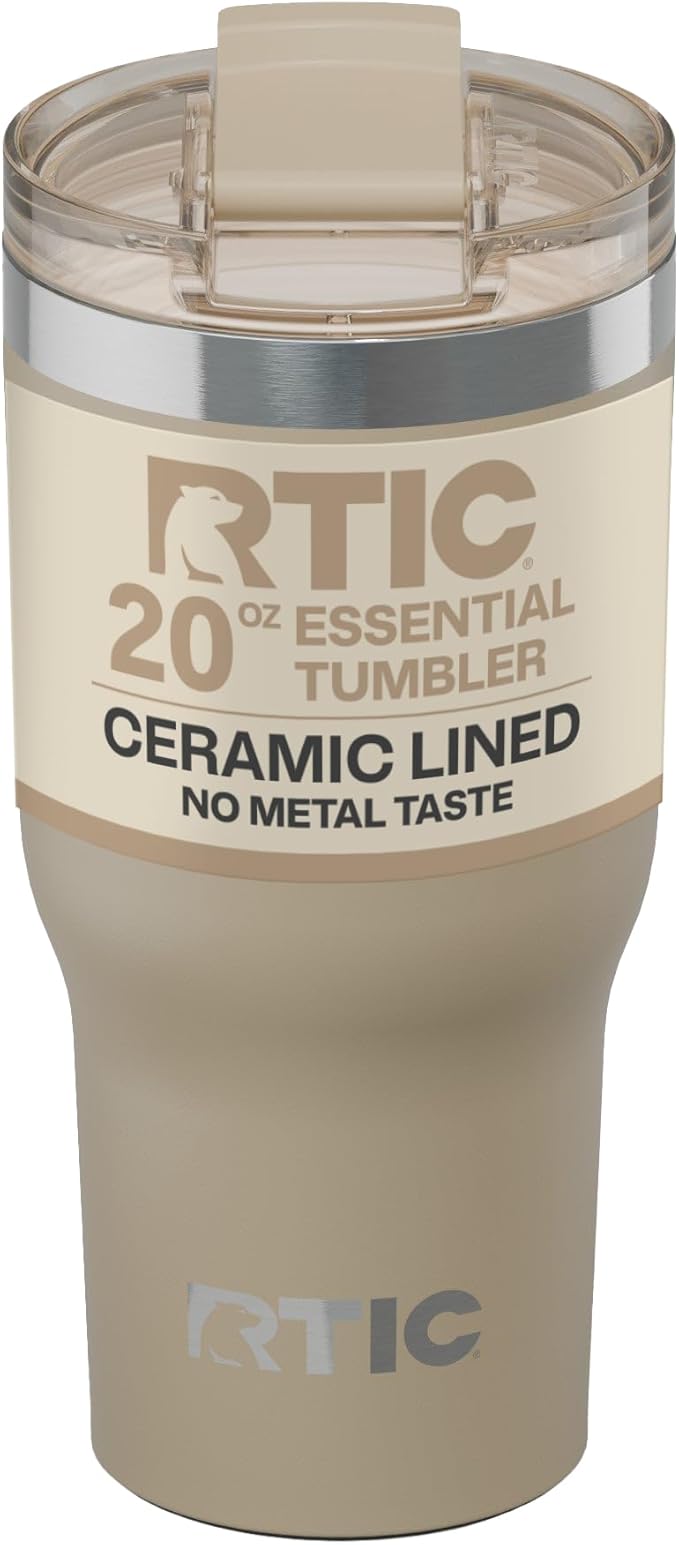 RTIC 20oz Essential Tumbler with Lid, Ceramic Lined, Insulated, Stainless Steel, Metal, Double Wall Vacuum-Insulation, Travel Cup for Iced Coffee, Tea, Hot and Cold Drink, Beach