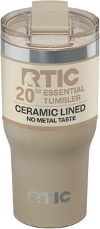 RTIC 20oz Essential Tumbler with Lid, Ceramic Lined, Insulated, Stainless Steel, Metal, Double Wall Vacuum-Insulation, Travel Cup for Iced Coffee, Tea, Hot and Cold Drink, Beach