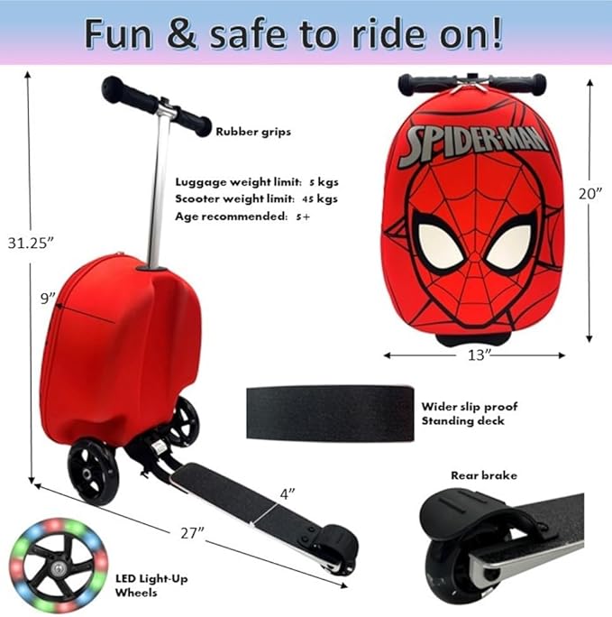 Fast Forward Spider-Man 18" Ride-On Suitcase Scooter - Lightweight Carry-On Scooter Luggage