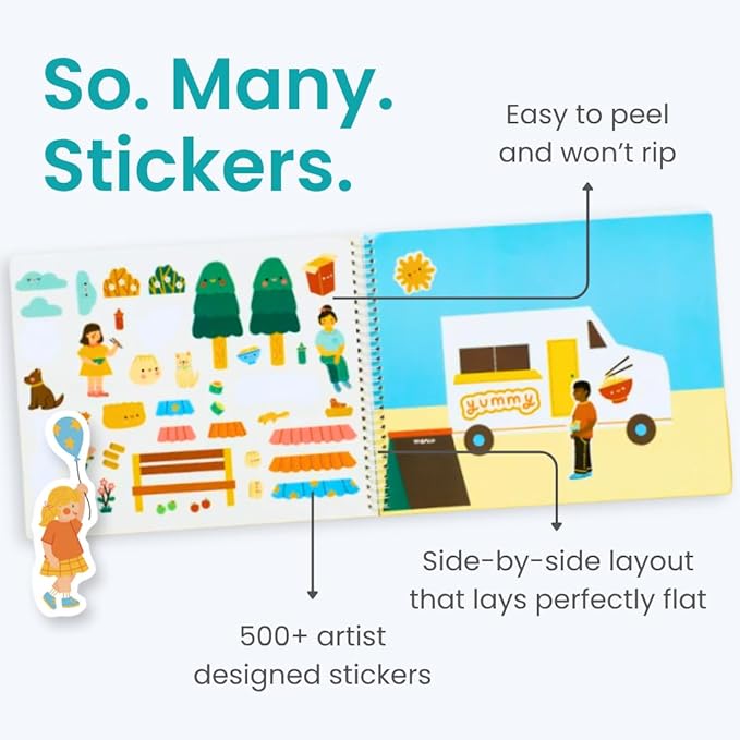 Food Truck Adventure 500+ Kids Sticker Book by Cupkin Fun Toddler Travel Activity Coloring and Sticker Book, Road Trip Essentials, 12 Coloring Pages + 12 Scenes for Ages 2–8 Years