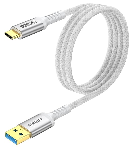 SUNGUY 10Gbps USB C 3.1 Gen 2 Cable, 4FT USB A to USB C 3A Fast Charging & Data Transfer Android Auto Carplay Cable Compatible with iPhone 17 16 15 Pro Max, Galaxy S24 S23 Ultra Note 20, SSD (White)
