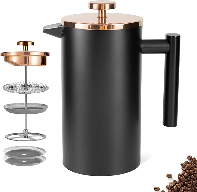 1500ml French Press Coffee Maker, Double Wall 304 Stainless Steel Insulated Cafetiere Coffee Press with 3 Layer Filter, Large Capacity Coffee Brewer for Home Camping Office