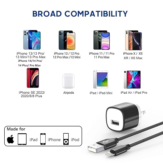 iPhone Charger 2Pack [Apple MFi Certified] 6FT Fast Charging USB to Lightning Cable with USB Charger for iPhone,Apple USB Wall Charger Travel Plug Block for iPhone 14/13/12/11/XS/XR/X/8/7/SE 2022/iPad