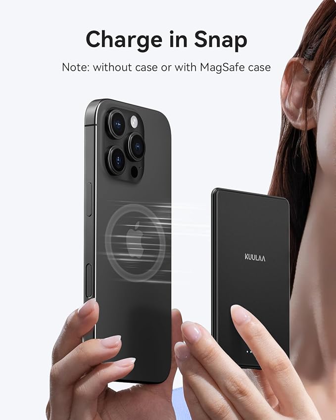 Kuulaa Magsafe Battery Pack 5000mAh, 0.27 in Ultra Slim Magsafe Portable Charger Slim Magnetic Apple Portable Charger 20W Power Delivery Power Bank for iPhone 17/16/15/14/13/12 Series,Black
