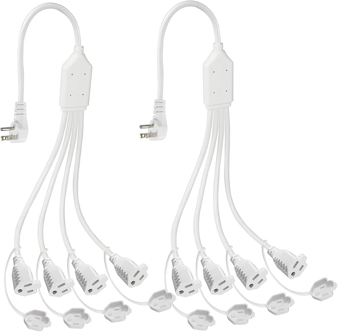 4 Way Outlet Splitter - White 2-Pack 90-Degree Angled Flat Plug 1 to 4 Extension Cable Power Strip, 16/3 Gauge 1.5FT, 3 Prong Y Style Multi Outlet Splitter, Perfect for Wall Wart Adapters