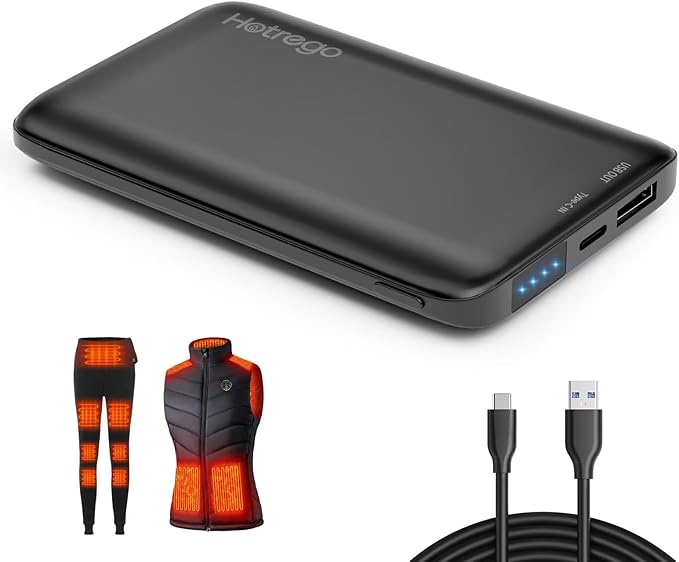Heated Vest Battery Pack, 5V 2A 10,000 mAH Ultra Slim Compact Portable Charger with USB-C Charging Cable, Rechargeable Power Bank for Men Women Heated Jacket, Pants, Clothing, iPhone,Etc