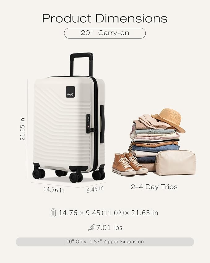 Coolife Carry On Luggage Expandable Hardside Upgrade PC Durable Lightweight Travel Suitcases with Dual Spinner Wheels & TSA Lock (White, Carry-On 20-Inch)