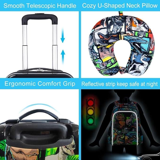 5Pcs Kids Luggage Set, 16" Boys Travel Suitcase with Spinner Wheels, Dinosaur Hardside Carry on Toddler Rolling Suitcase Airline Approved（Black）