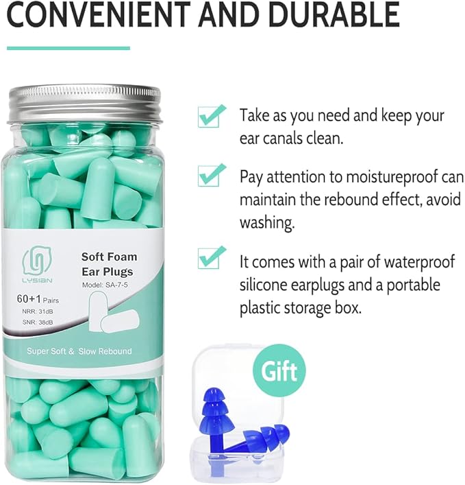 LYSIAN Ultra Soft Foam Earplugs for Sleep - 38dB Noise Cancelling Ear Plugs Perfect for Travel, Study & Quiet Rest - 60 Pairs Value Pack (Aqua)