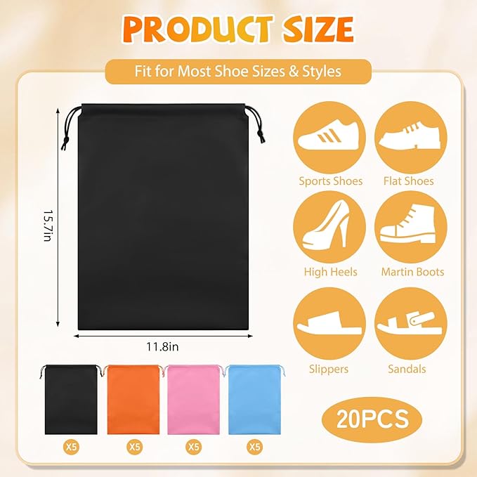 Shoe Bags for Travel, 15.7" x 11.8" Travel Shoe Bags for Packing, Large Waterproof Portable Drawstring Travel Shoe Storage Bag Travel Essentials Women for and Men (Orange & Black & Pink & Blue)