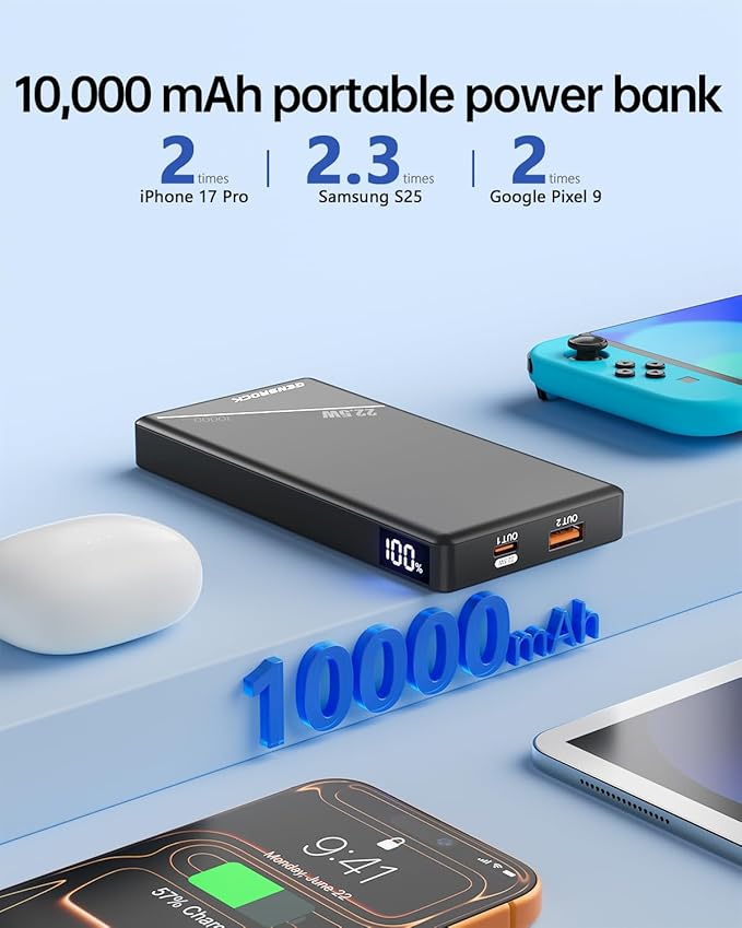 GENSROCK 2 Pack Portable Charger Power Bank 10000mAh, PD 22.5W Fast Charging with Exact LED Display,Portable Phone Charger for iPhone17/16/15/14/13 Galaxy S24/22 Pixel iPad Heated Vest & Travel