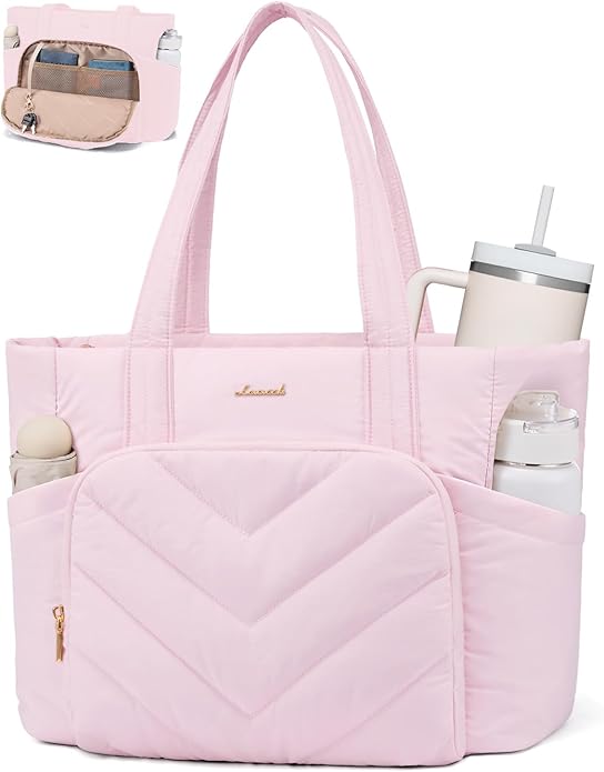 LOVEVOOK Puffer Tote Bag for Women, V-Quilted Puffy Teacher Tote Nurse Bag, Large Shoulder Laptop Purse for Work Travel Gym